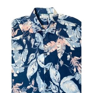 Cubavera Linen Blend Tropical Leaf Shirt Men XL Navy Blue Button Up Short Sleeve